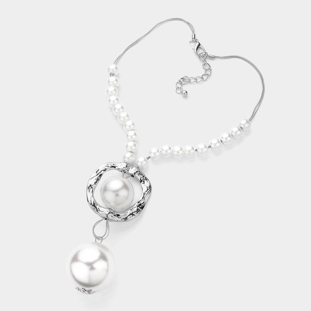White Oversized Pearl Hammered Metal Pendant Statement Necklace - Jewelry Store by Erik Rayo