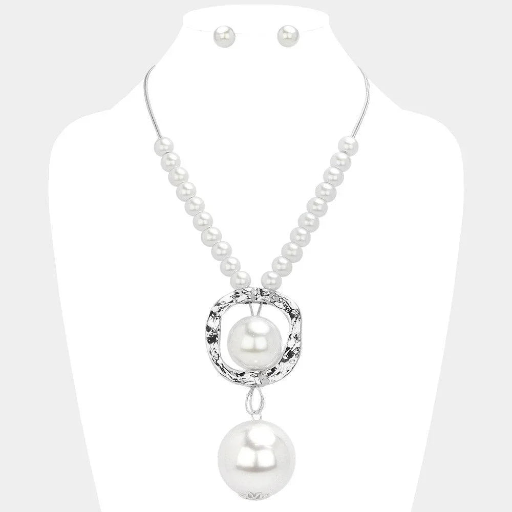 White Oversized Pearl Hammered Metal Pendant Statement Necklace - Jewelry Store by Erik Rayo