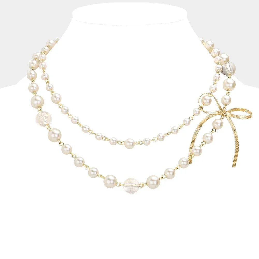Gold Metal Chain Bow Pointed Double Layered Pearl Necklace - Jewelry Store by Erik Rayo