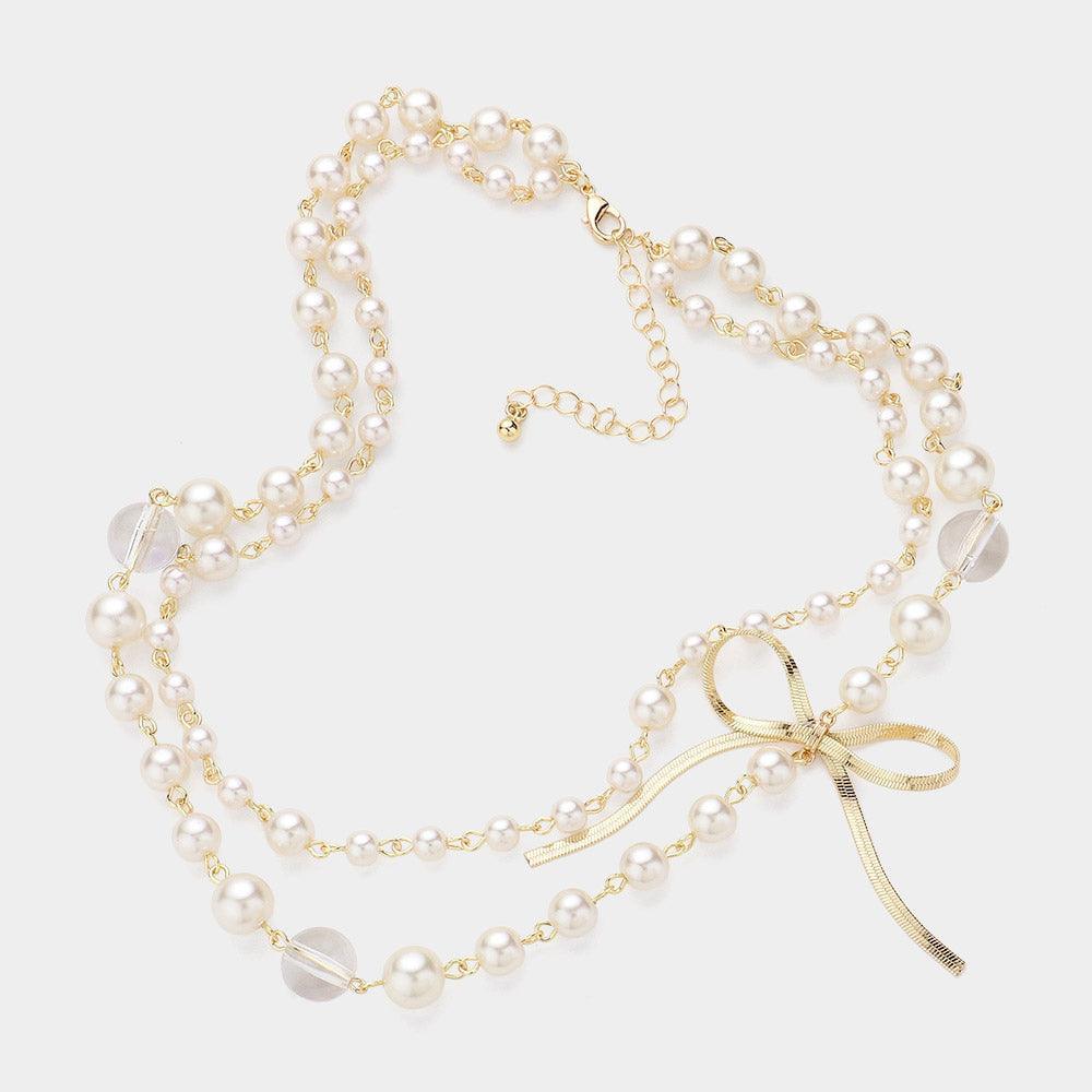 Gold Metal Chain Bow Pointed Double Layered Pearl Necklace - Jewelry Store by Erik Rayo