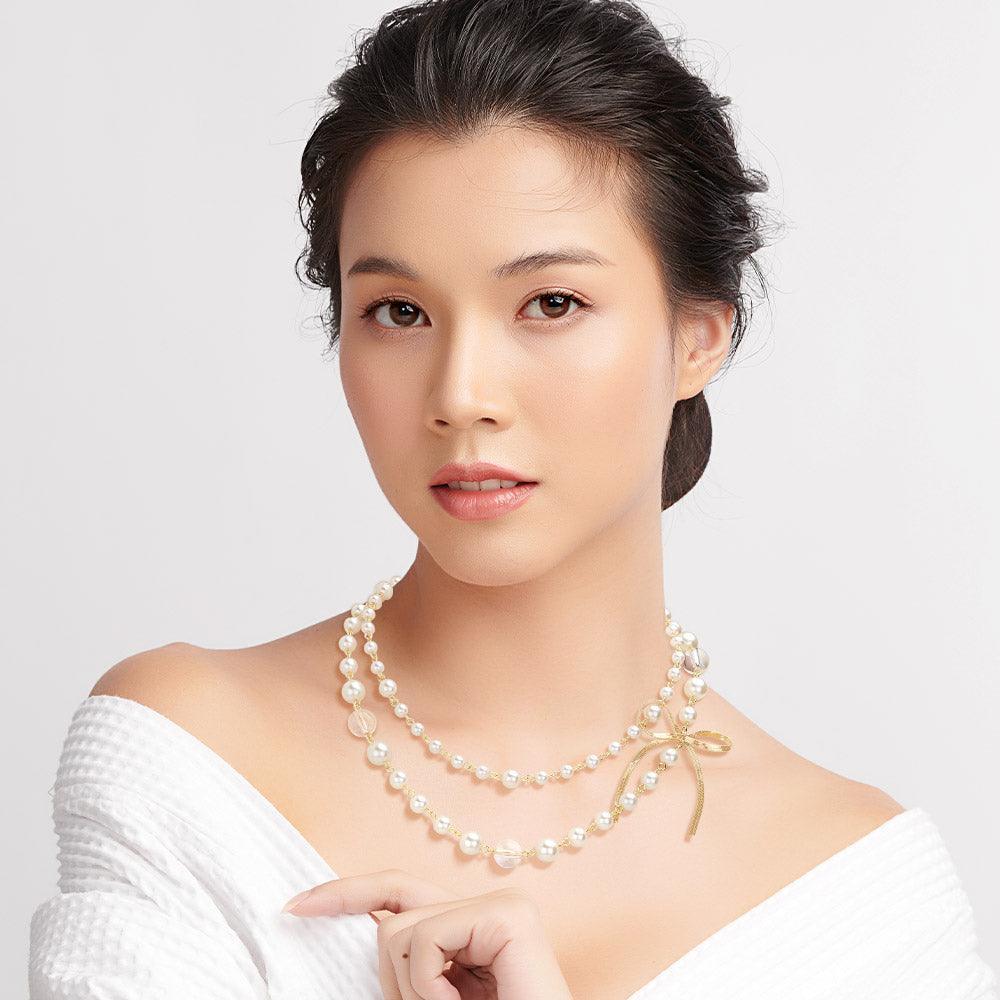 Gold Metal Chain Bow Pointed Double Layered Pearl Necklace - Jewelry Store by Erik Rayo
