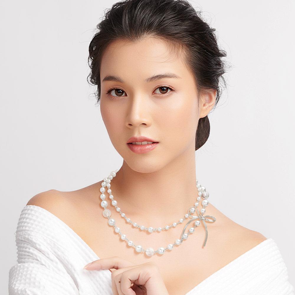 Metal Chain Bow Pointed Double Layered Pearl Necklace - Jewelry Store by Erik Rayo
