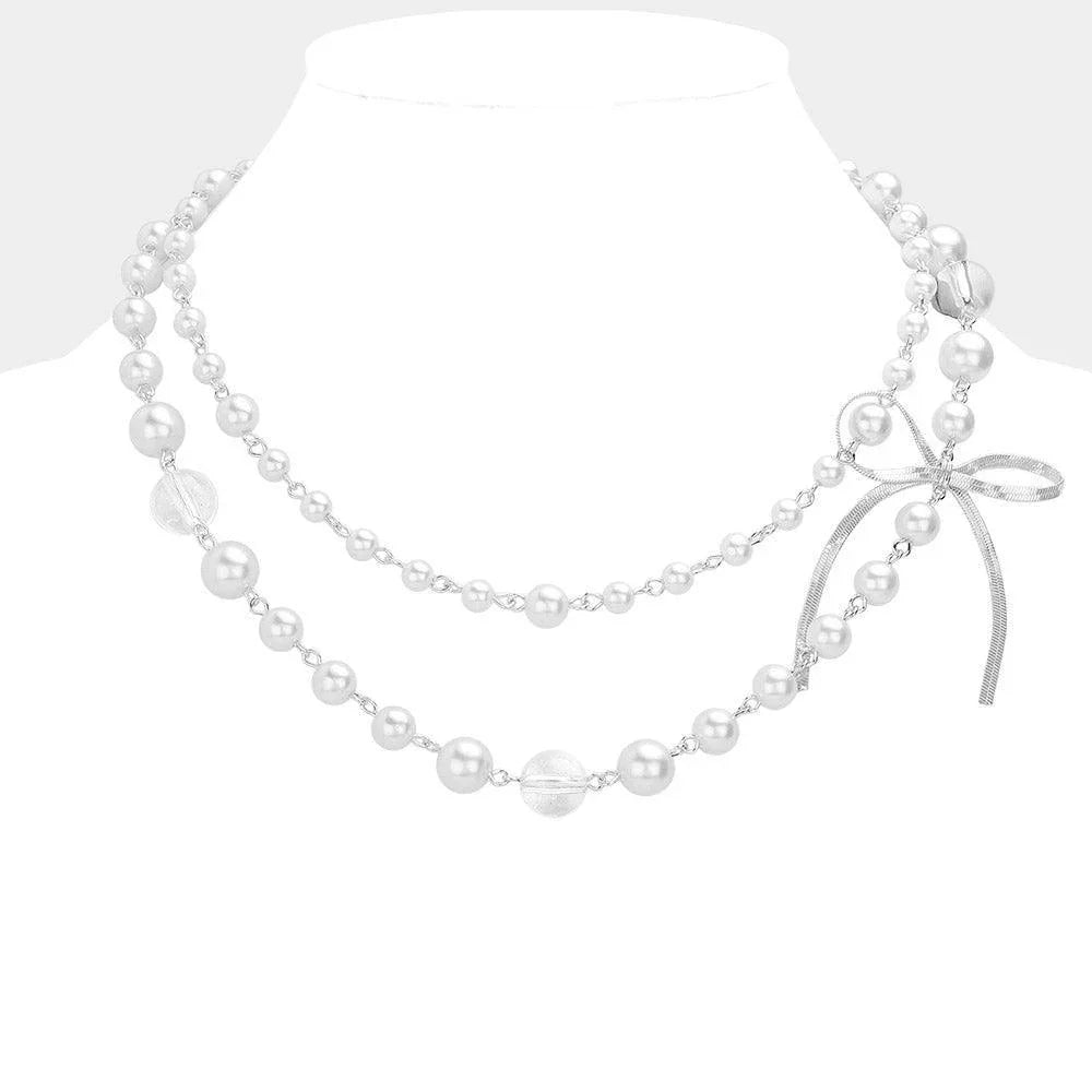 Metal Chain Bow Pointed Double Layered Pearl Necklace - Jewelry Store by Erik Rayo
