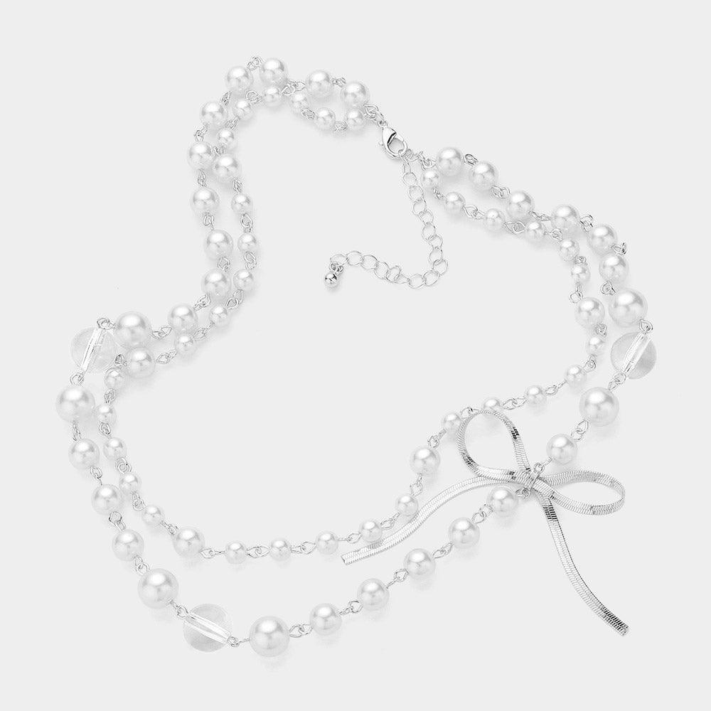 Metal Chain Bow Pointed Double Layered Pearl Necklace - Jewelry Store by Erik Rayo