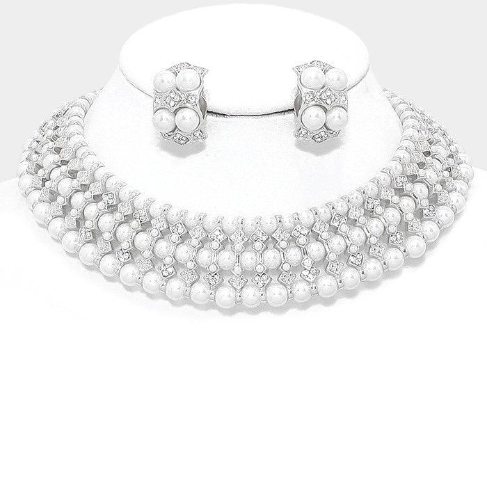 White Pearl Crystal Rhinestone Collar Necklace & Clip Earring Set