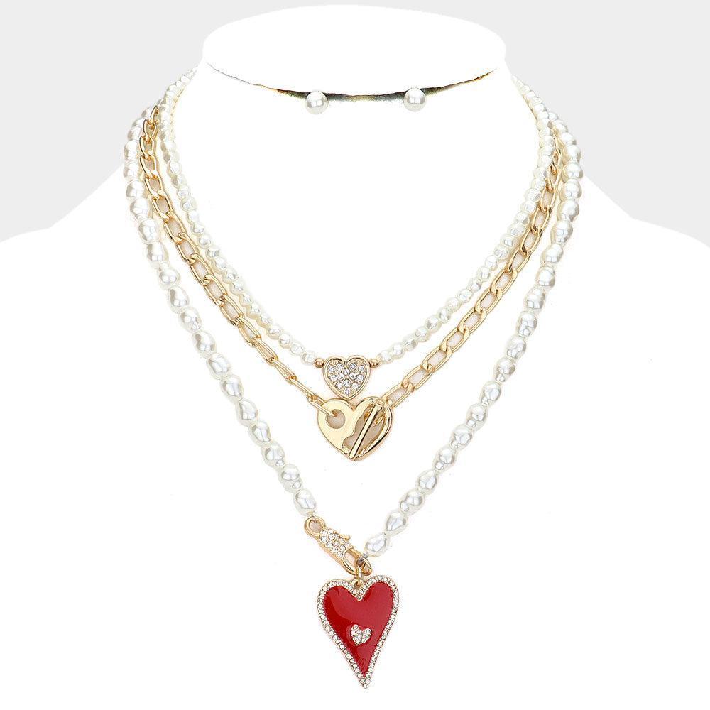 Cream 3 Piece Enamel Rhinestone Embellished Metal Heart Pendant Pearl Necklaces - Jewelry Store by Erik Rayo