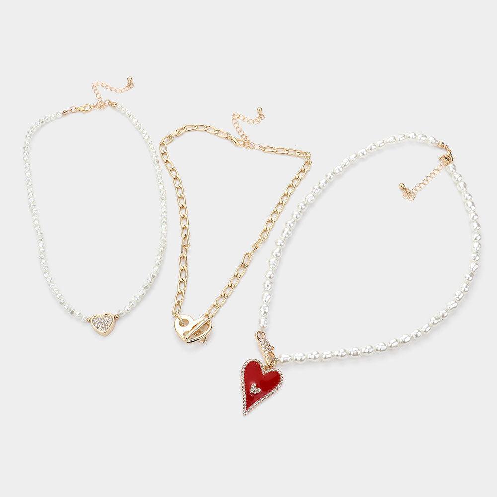 Cream 3 Piece Enamel Rhinestone Embellished Metal Heart Pendant Pearl Necklaces - Jewelry Store by Erik Rayo
