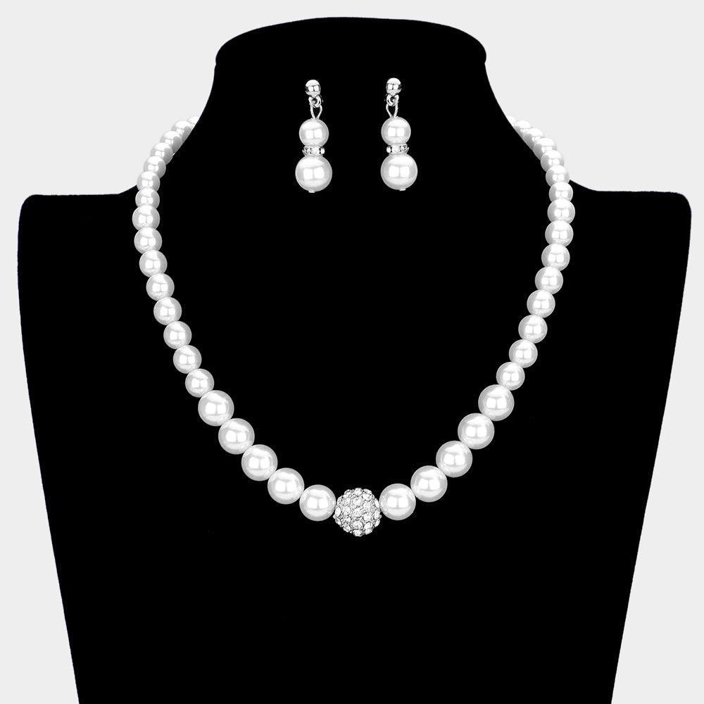 White Pave ball & pearl strand necklace