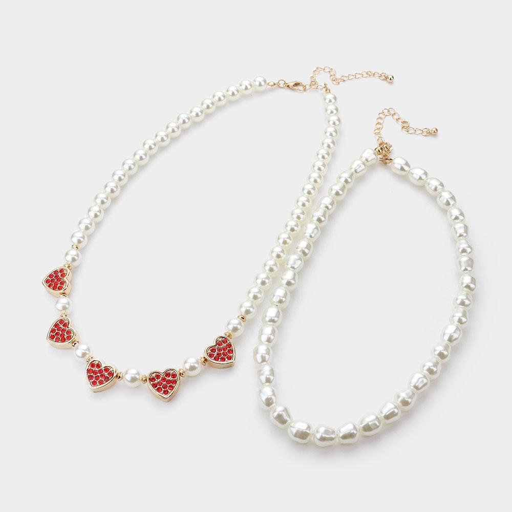 Cream 2 Piece Rhinestone Embellished Metal Heart Accented Pearl Necklaces - Jewelry Store by Erik Rayo