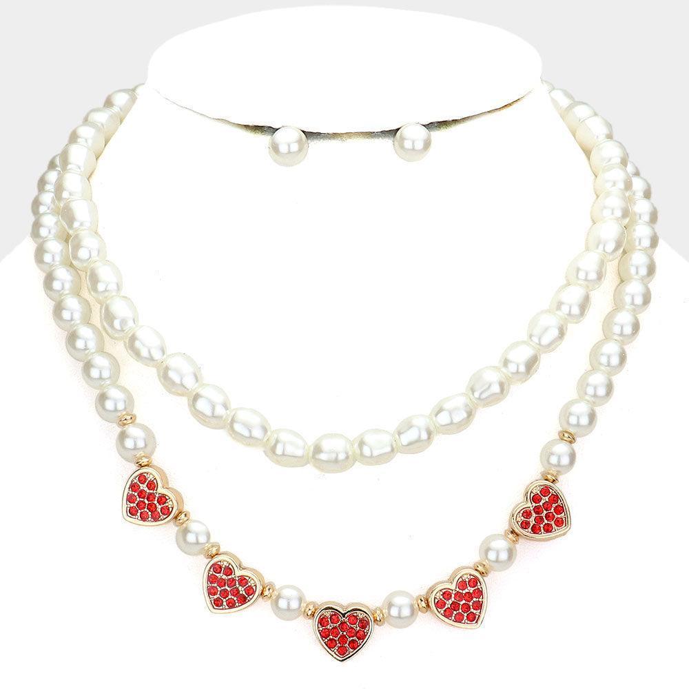 Cream 2 Piece Rhinestone Embellished Metal Heart Accented Pearl Necklaces - Jewelry Store by Erik Rayo