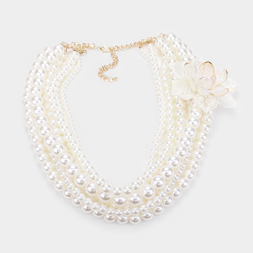 Cream Elegant Multi Layered Flower Strand Pearl Necklace - Jewelry Store by Erik Rayo