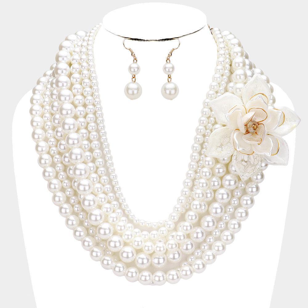Cream Elegant Multi Layered Flower Strand Pearl Necklace - Jewelry Store by Erik Rayo