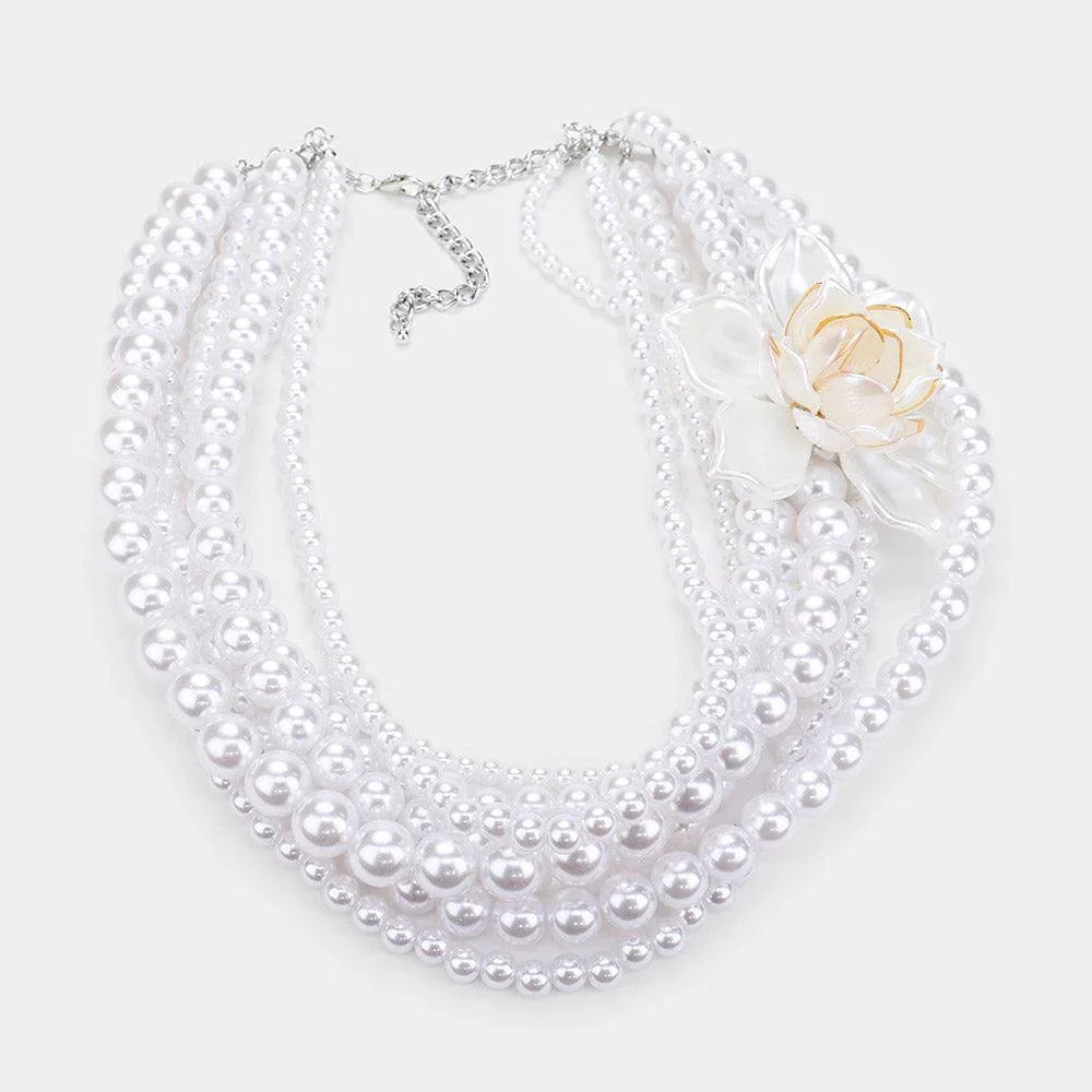 White Elegant Multi Layered Flower Strand Pearl Necklace - Jewelry Store by Erik Rayo