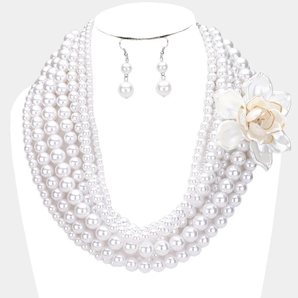 White Elegant Multi Layered Flower Strand Pearl Necklace - Jewelry Store by Erik Rayo