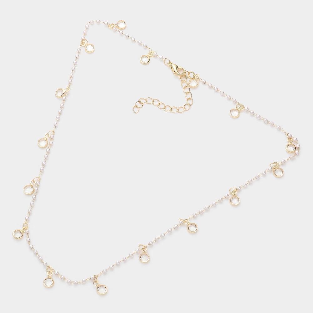 Cream Clear Stone Bezel Dangle Pearl Necklace - Jewelry Store by Erik Rayo