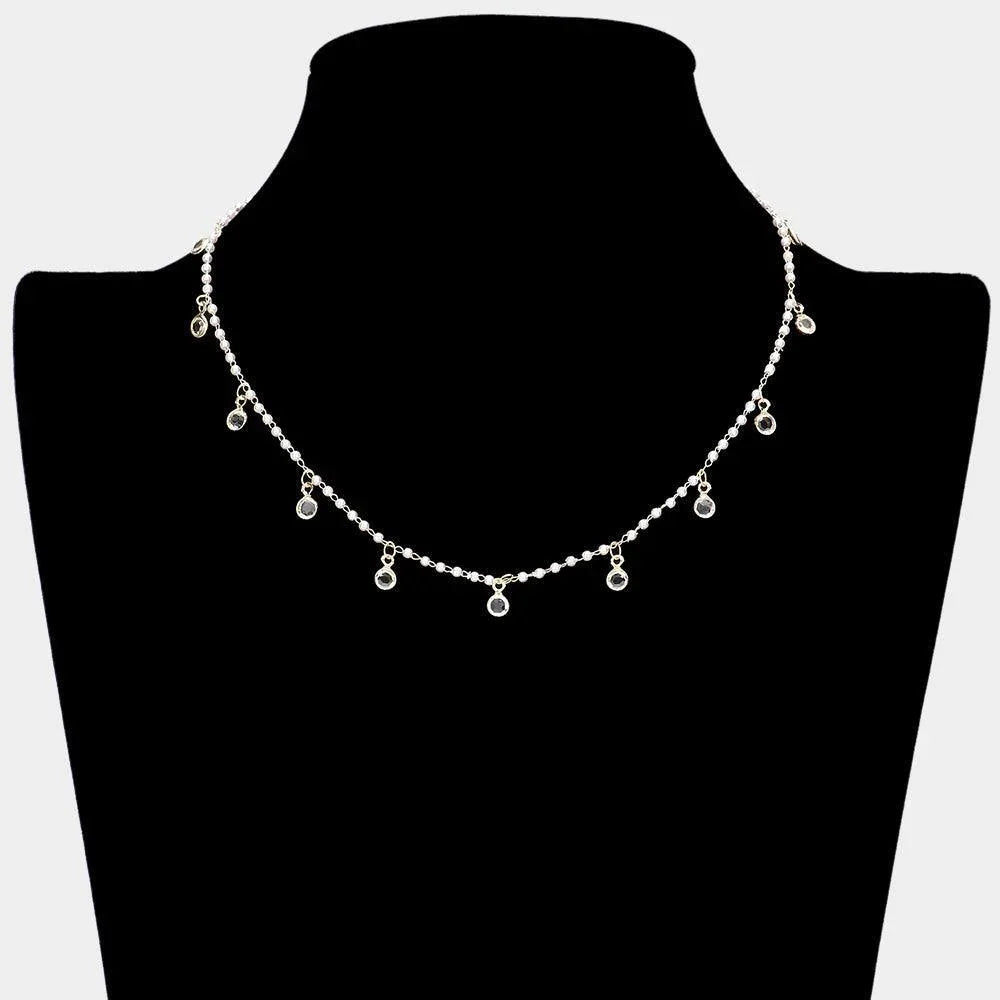 Cream Clear Stone Bezel Dangle Pearl Necklace - Jewelry Store by Erik Rayo