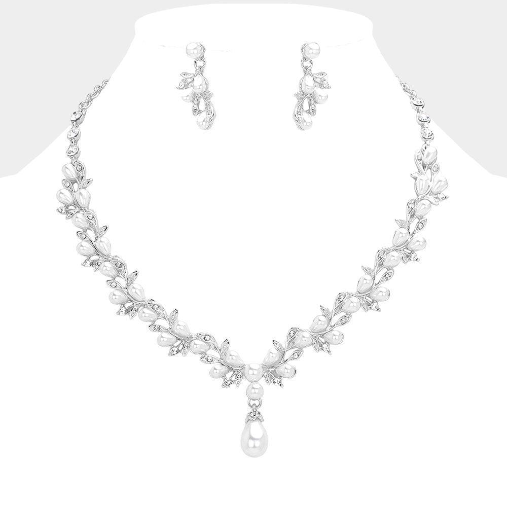 White Teardrop Pearl Embellished Evening Necklace