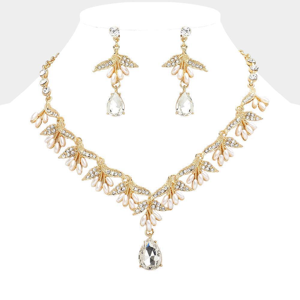 Cream Teardrop Stone Cluster Pointed Pearl Embellished Evening Necklace - Jewelry Store by Erik Rayo