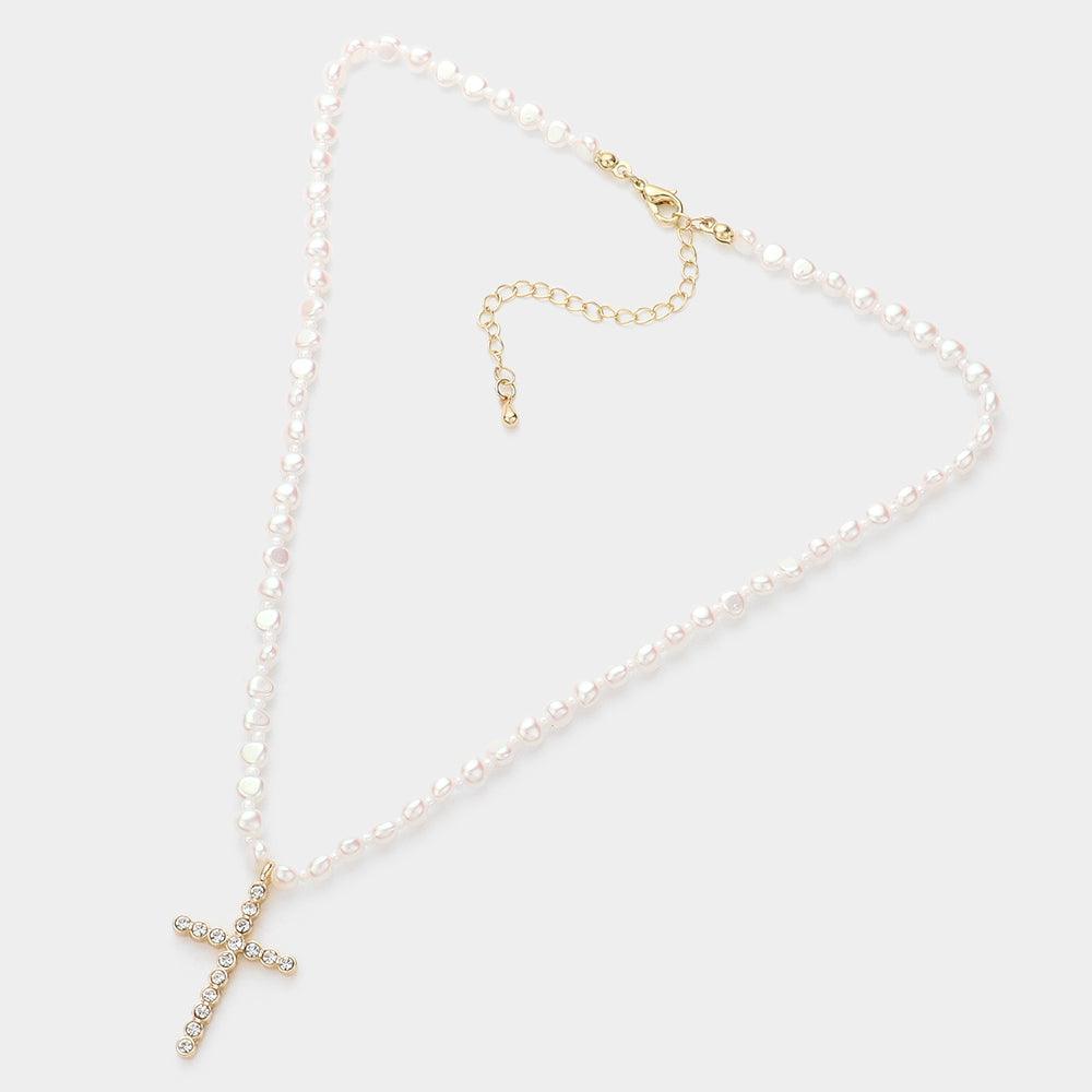 Cream Stone Bezel Cross Pendant Pearl Necklace - Jewelry Store by Erik Rayo