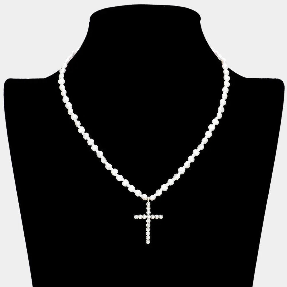 Cream Stone Bezel Cross Pendant Pearl Necklace - Jewelry Store by Erik Rayo