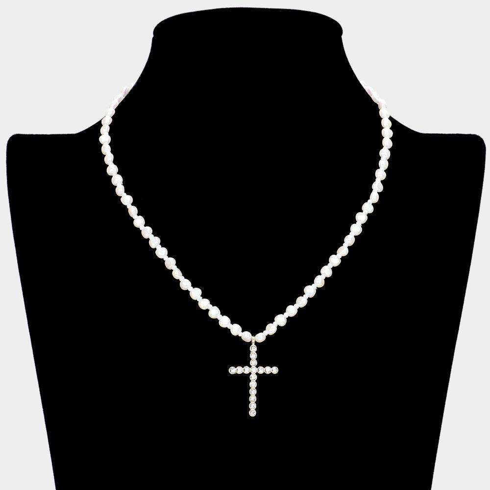 Cream Stone Bezel Cross Pendant Pearl Necklace