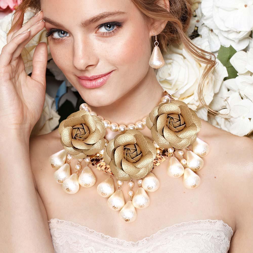 Gold Chunky Rose Pearl Bib Necklace - Jewelry Store by Erik Rayo