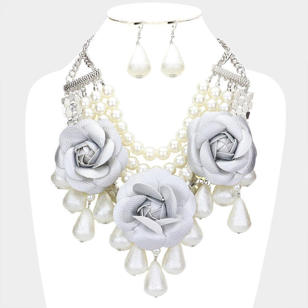 White Chunky Rose Pearl Bib Necklace - Jewelry Store by Erik Rayo