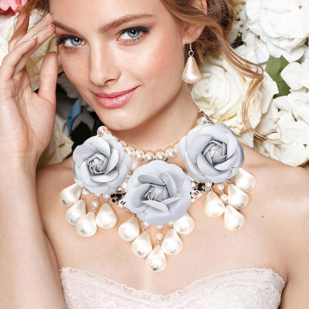 White Chunky Rose Pearl Bib Necklace - Jewelry Store by Erik Rayo