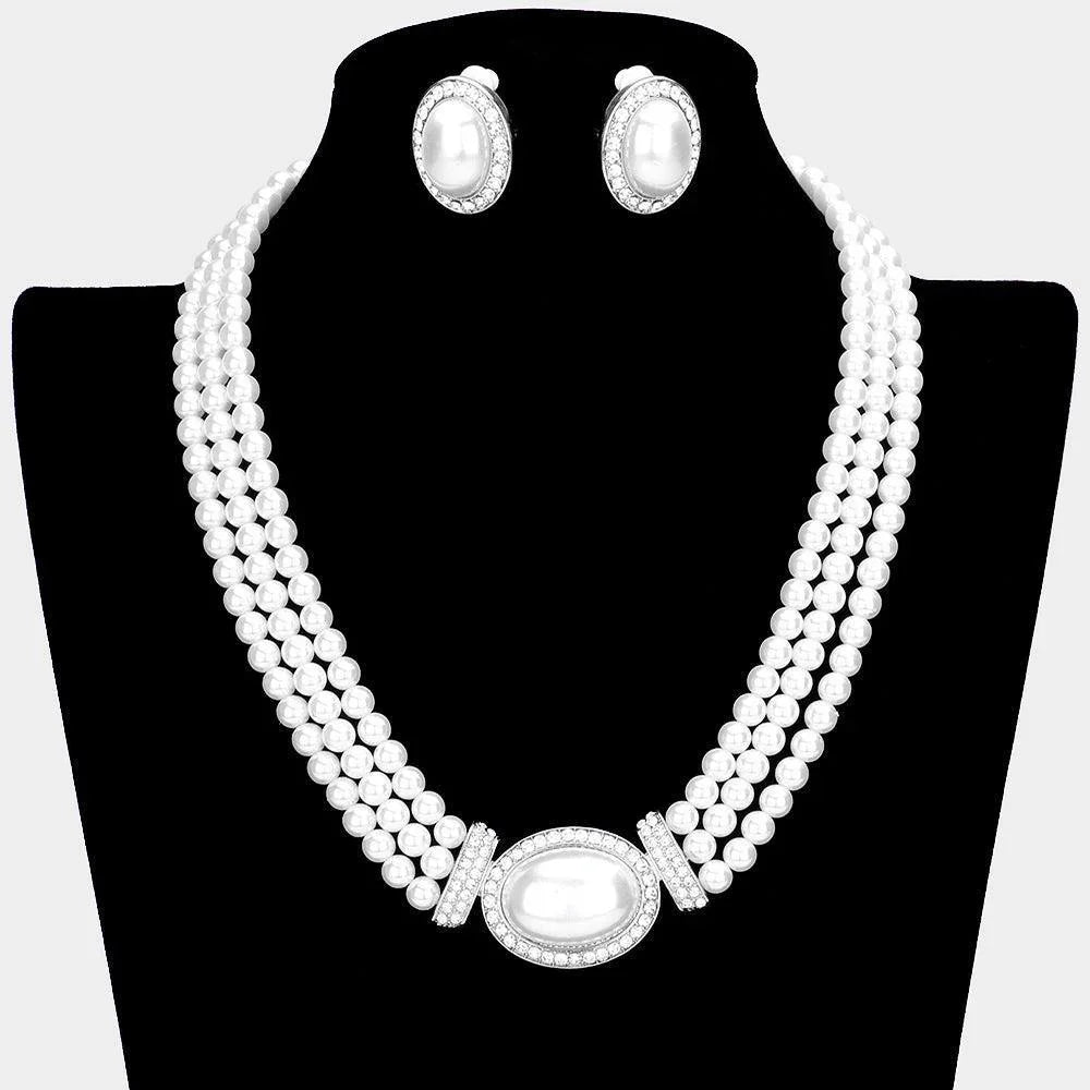 White Rhinestone Trimmed Pearl Necklace - Jewelry Store by Erik Rayo