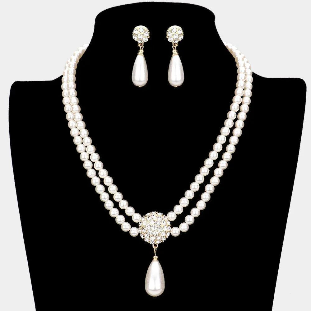 Cream Stone Embellished Dome Teardrop Pearl Link Necklace - Jewelry Store by Erik Rayo