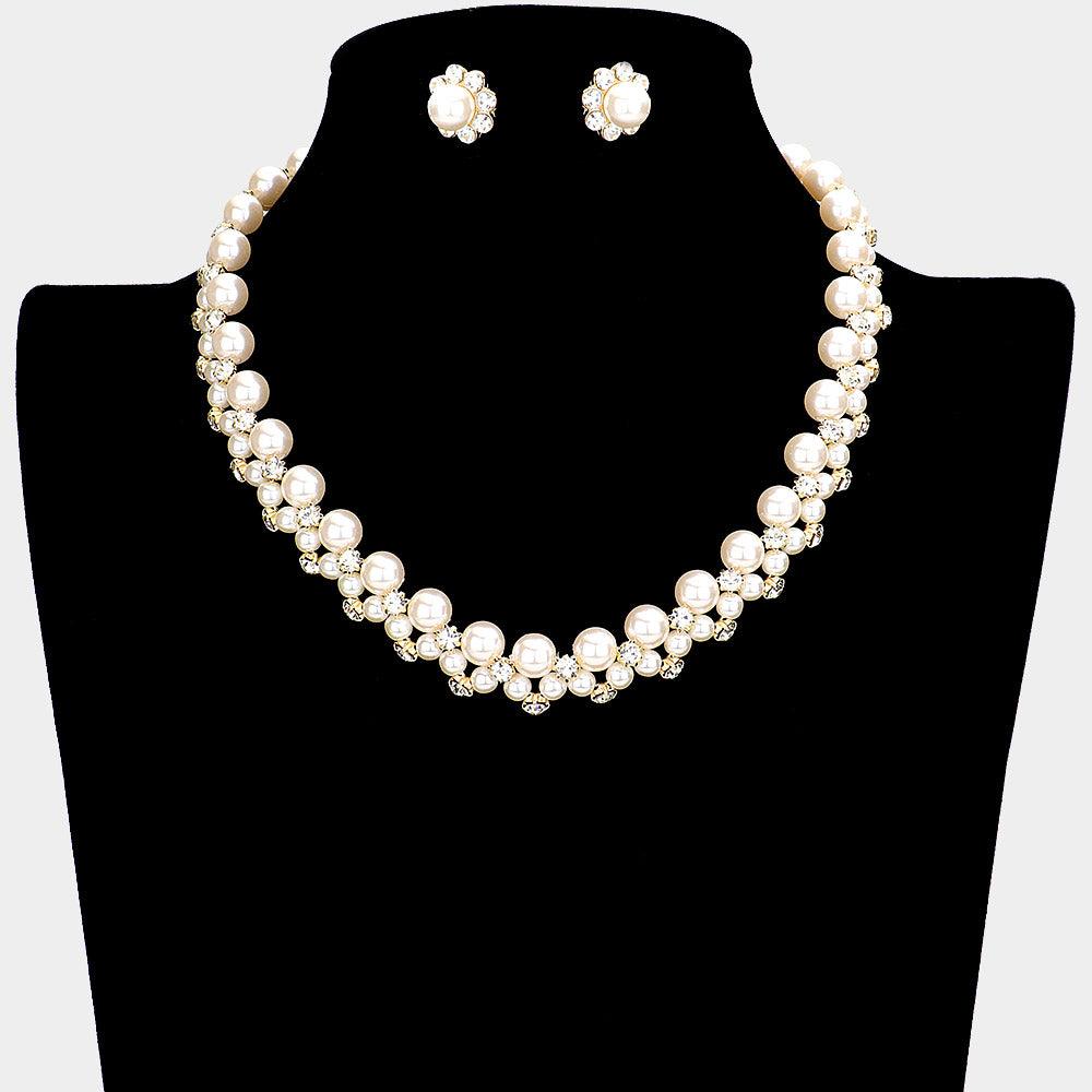 Gold Pearl Crystal Rhinestone Collar Necklace