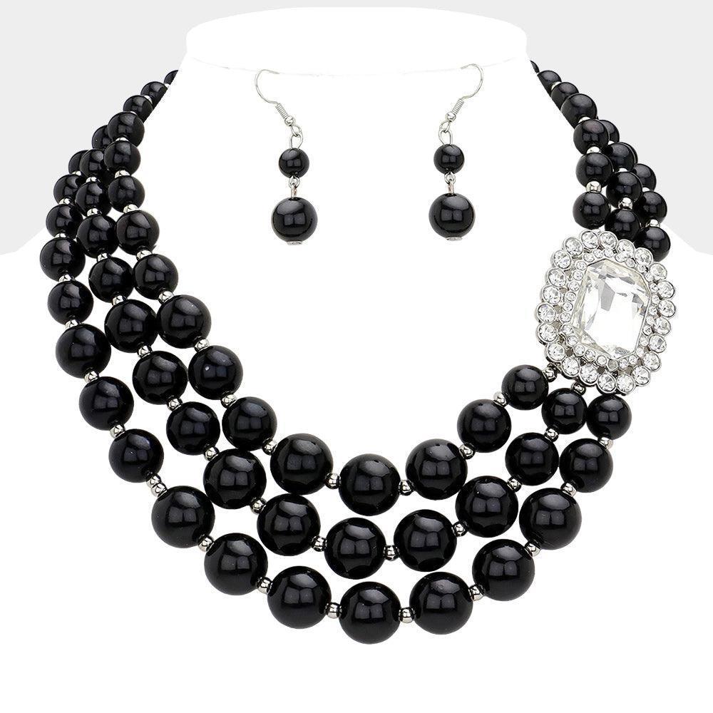 Black Rectangle Stone Cluster Pointed Triple Pearl Layered Statement Necklace - Jewelry Store by Erik Rayo
