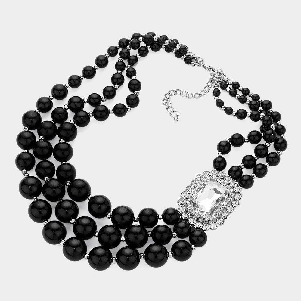 Black Rectangle Stone Cluster Pointed Triple Pearl Layered Statement Necklace - Jewelry Store by Erik Rayo