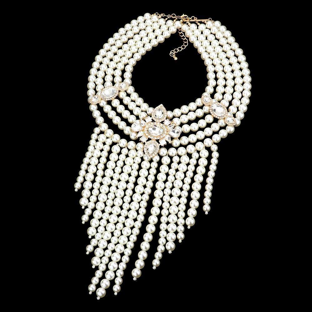 Cream Stone Embellished Pearl Fringe Statement Necklace - Jewelry Store by Erik Rayo