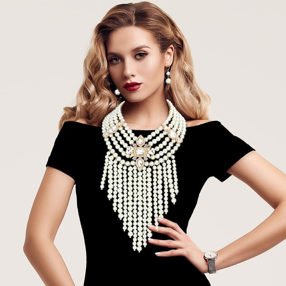 Cream Stone Embellished Pearl Fringe Statement Necklace - Jewelry Store by Erik Rayo