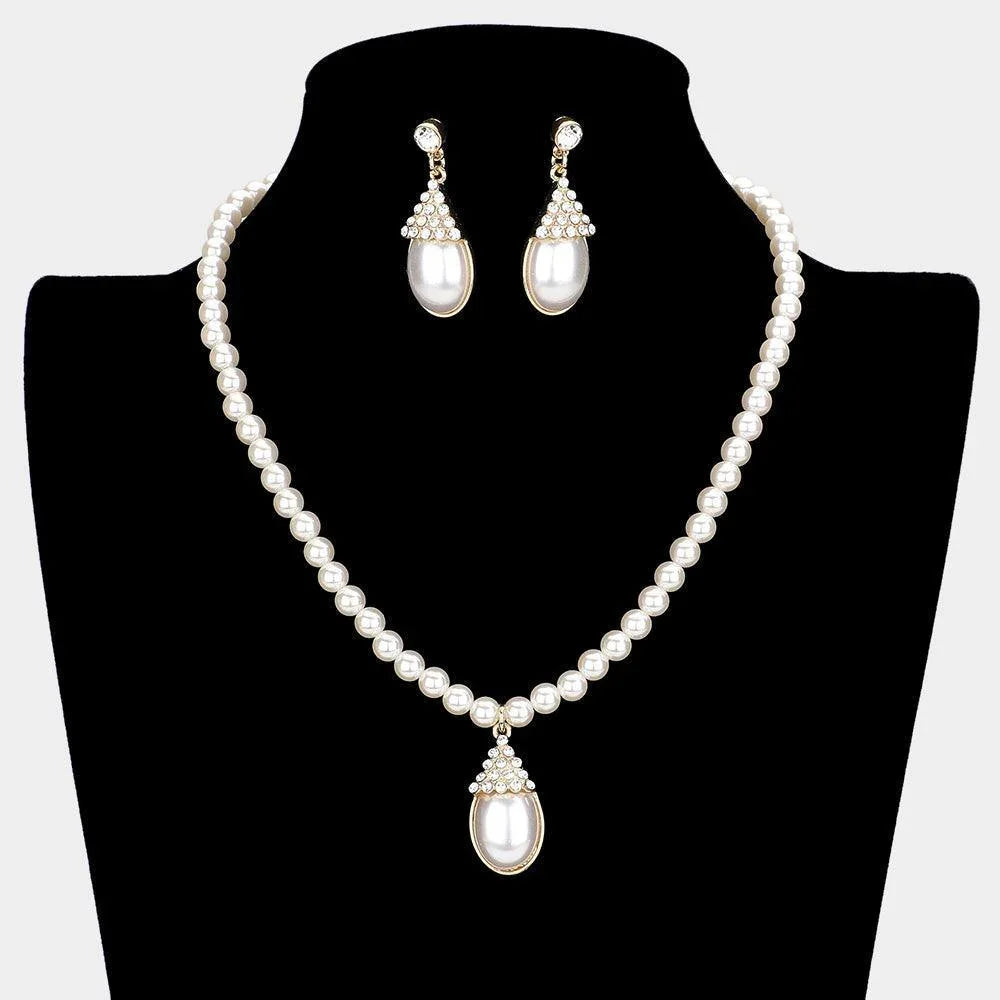 Gold Crystal Pave Teardrop Pearl Pendant Necklace - Jewelry Store by Erik Rayo