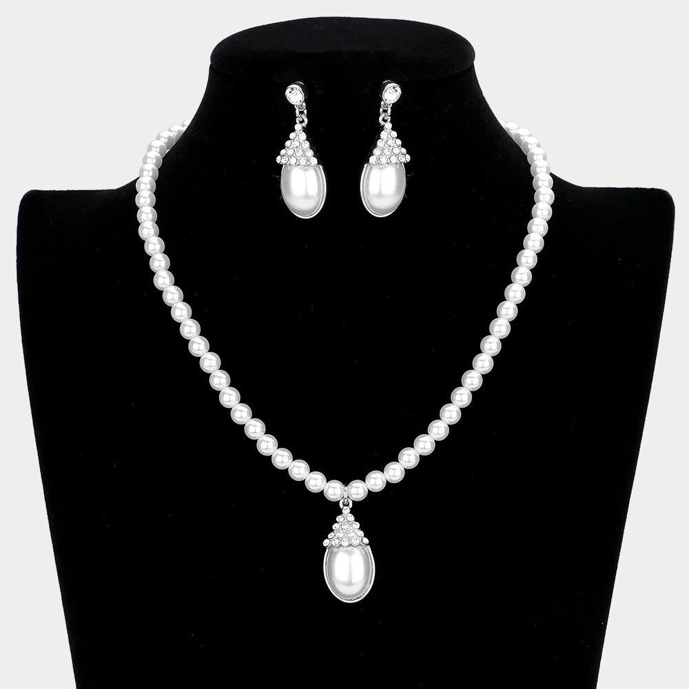 White Crystal Pave Teardrop Pearl Pendant Necklace