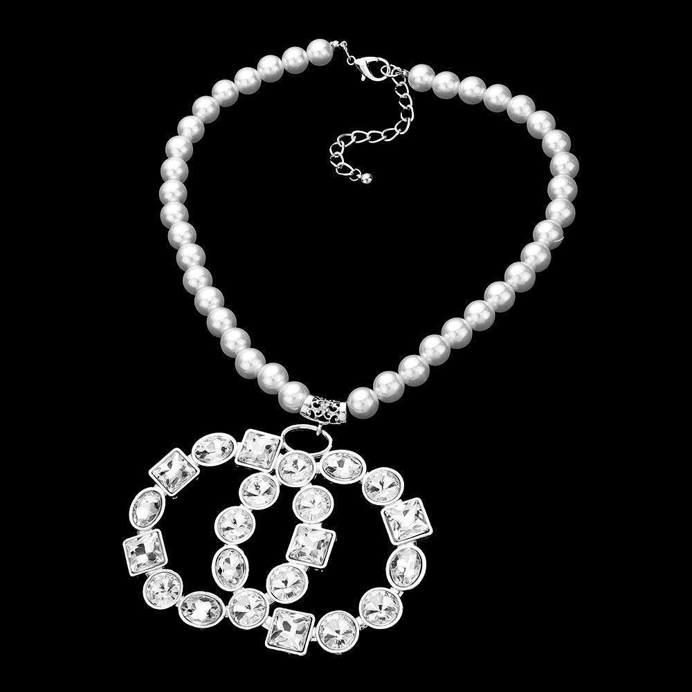 Clear Multi Stone Embellished Double Open Circle Link Pendant Pearl Necklace - Jewelry Store by Erik Rayo