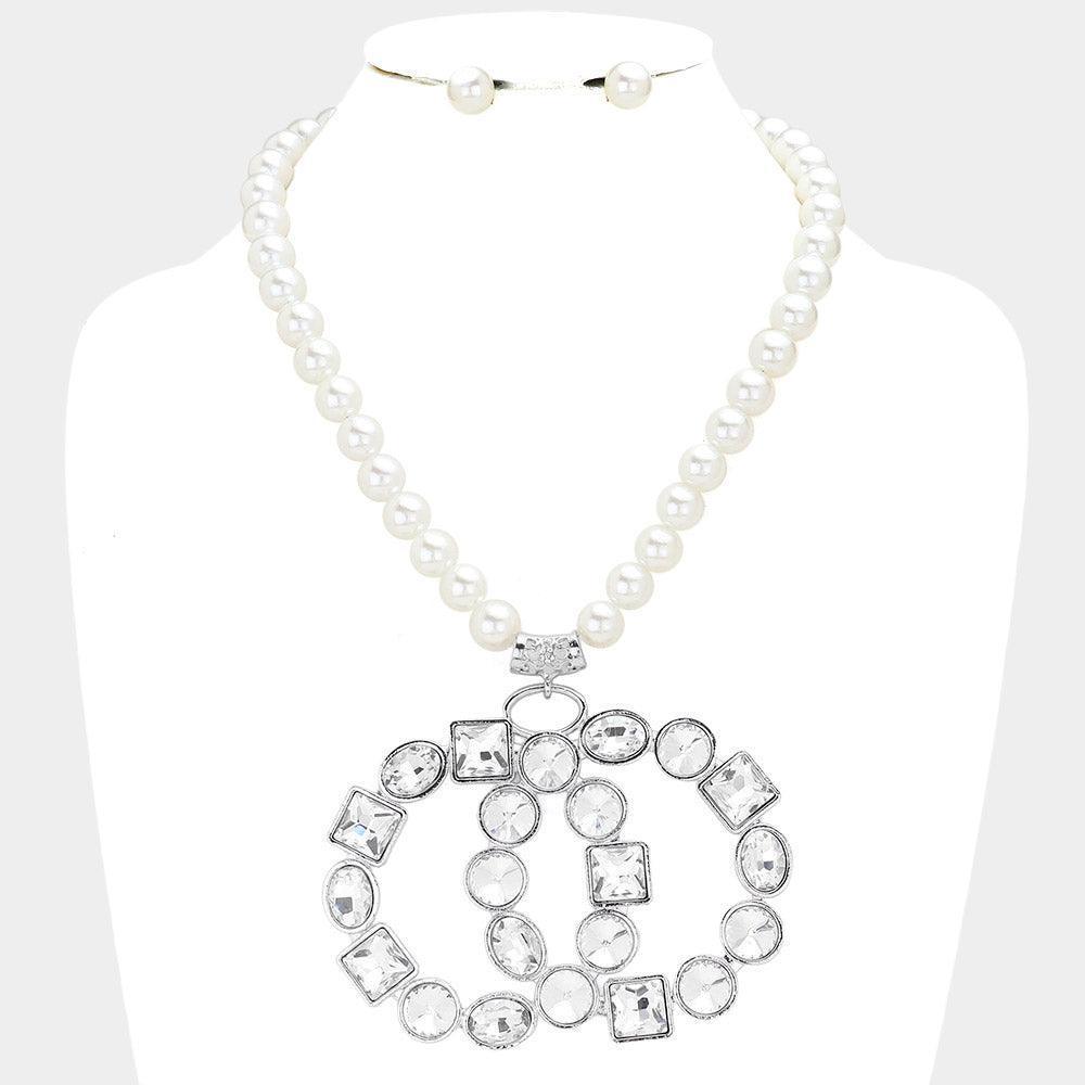 Clear Multi Stone Embellished Double Open Circle Link Pendant Pearl Necklace - Jewelry Store by Erik Rayo