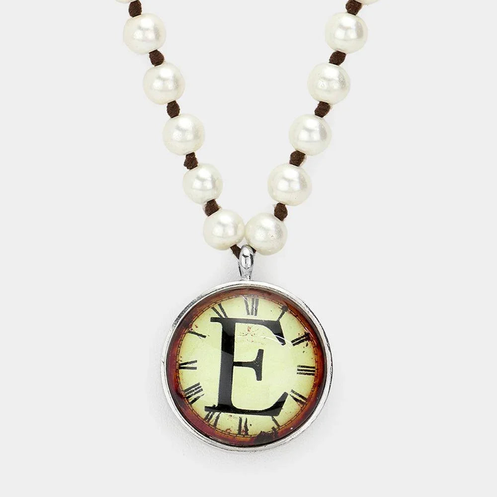 Letter E Monogram Pearl Beaded Watch Printed Long Necklace - Jewelry Store by Erik Rayo