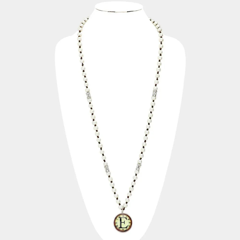 Letter E Monogram Pearl Beaded Watch Printed Long Necklace - Jewelry Store by Erik Rayo