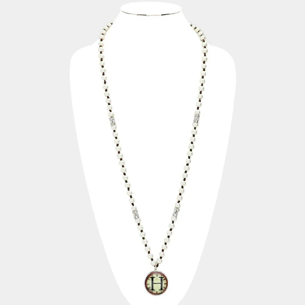 Letter H Monogram Pearl Beaded Watch Printed Long Necklace - Jewelry Store by Erik Rayo