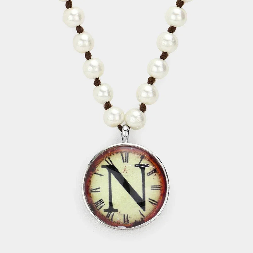 Letter N Monogram Pearl Beaded Watch Printed Long Necklace - Jewelry Store by Erik Rayo
