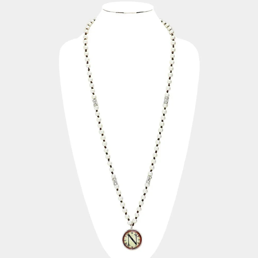 Letter N Monogram Pearl Beaded Watch Printed Long Necklace - Jewelry Store by Erik Rayo