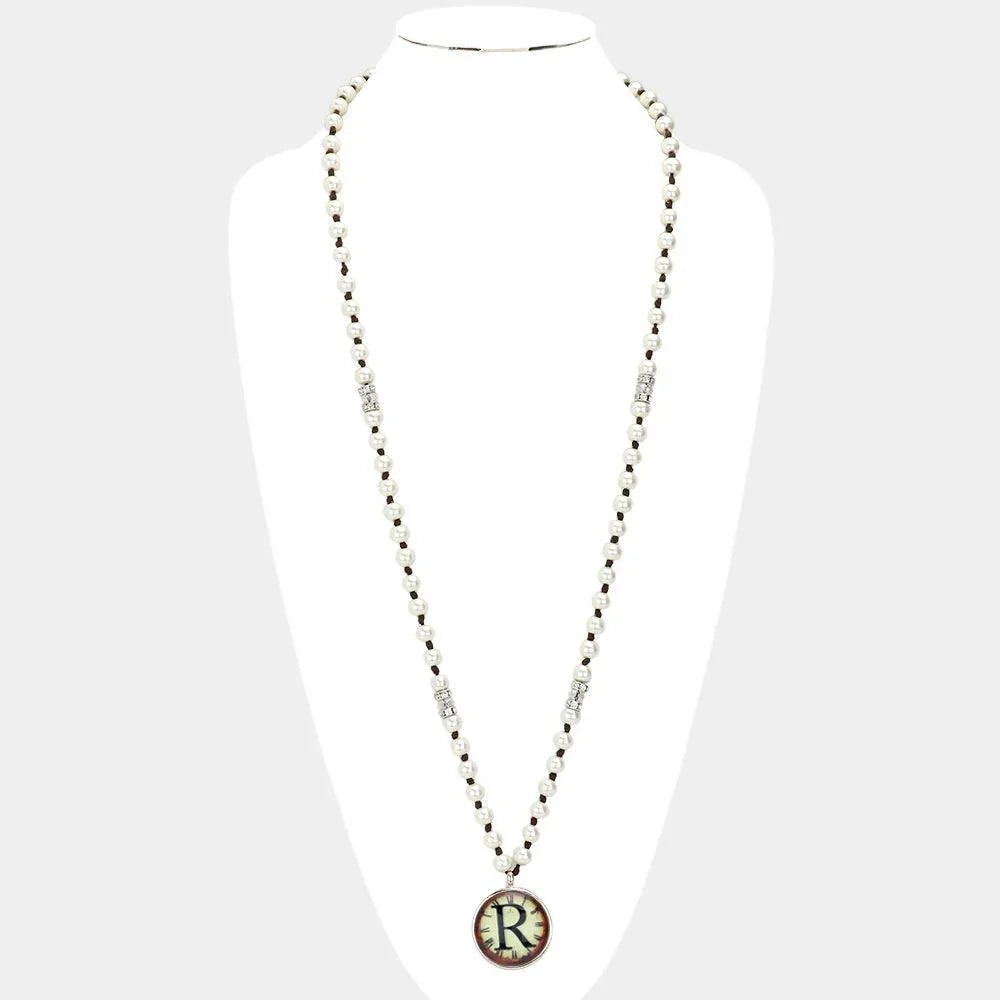Cream -R- Monogram Pearl Beaded Watch Printed Long Necklace - Jewelry Store by Erik Rayo