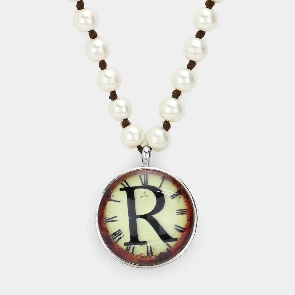 Cream -R- Monogram Pearl Beaded Watch Printed Long Necklace - Jewelry Store by Erik Rayo