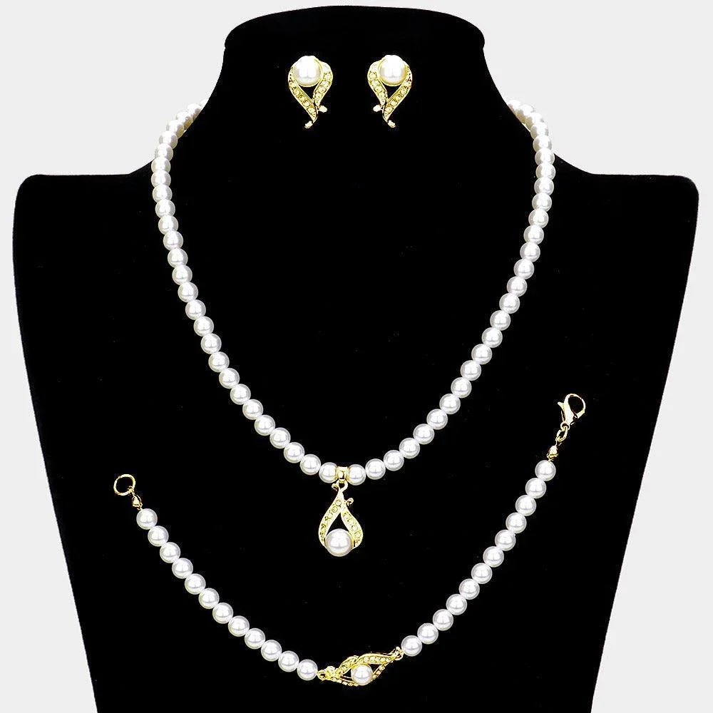 Cream 3 Piece Crystal detail pearl strand necklace jewelry set - Jewelry Store by Erik Rayo