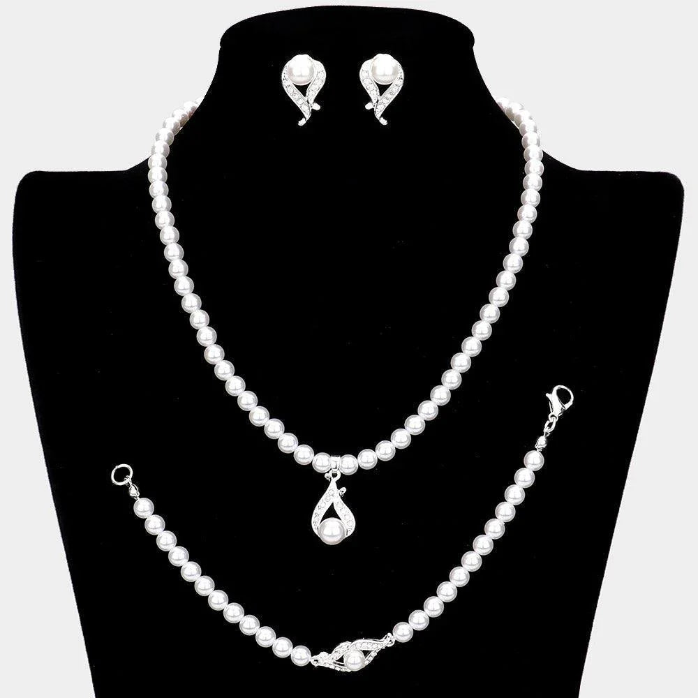 White 3 Piece Crystal detail pearl strand necklace jewelry set - Jewelry Store by Erik Rayo