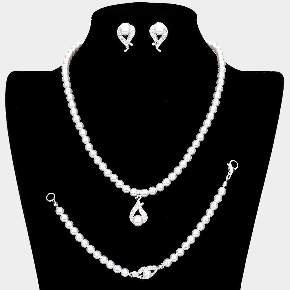 White 3 Piece Crystal detail pearl strand necklace jewelry set