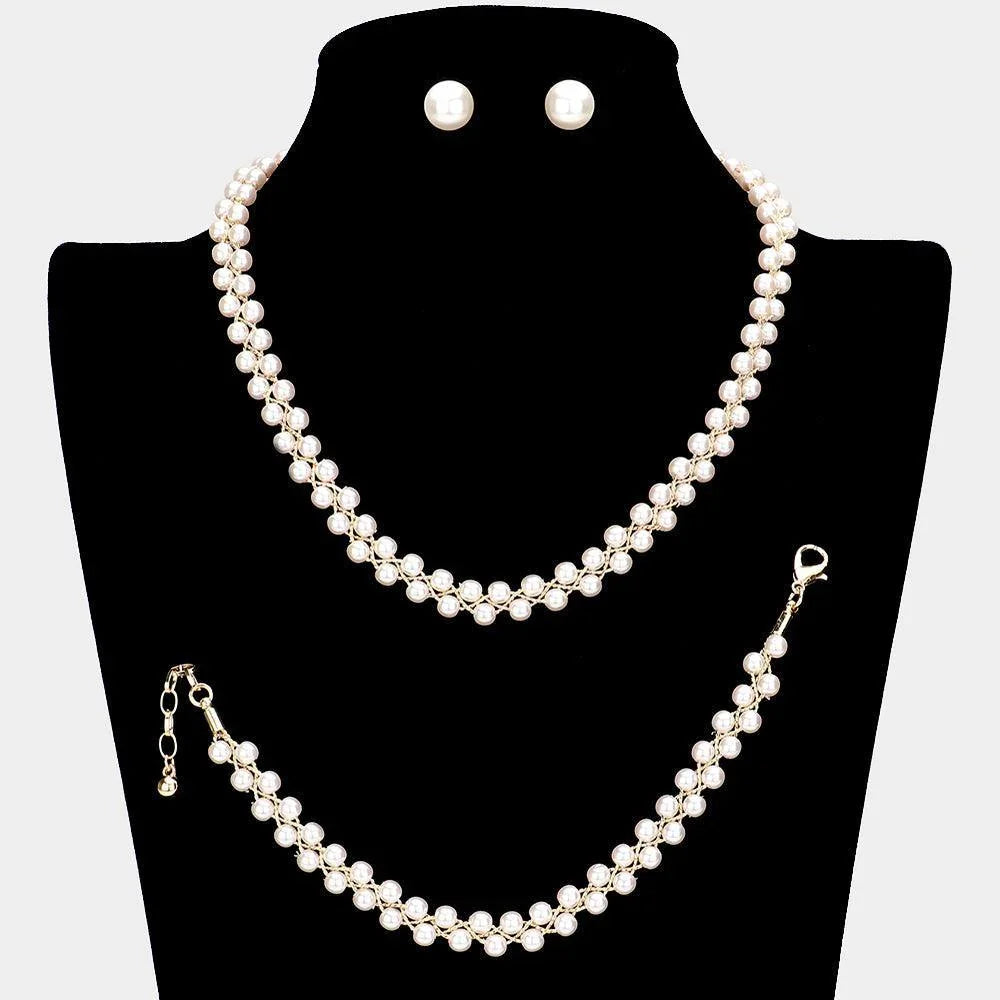 Cream 3 Piece Braided Chain Pearl Necklace Jewelry Set - Jewelry Store by Erik Rayo